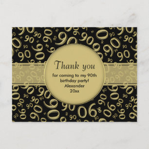 Thank You 90th Black/Gold Birthday Number Pattern Postcard