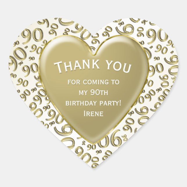 Thank you - 90th Number Pattern Gold and White Heart Sticker (Front)