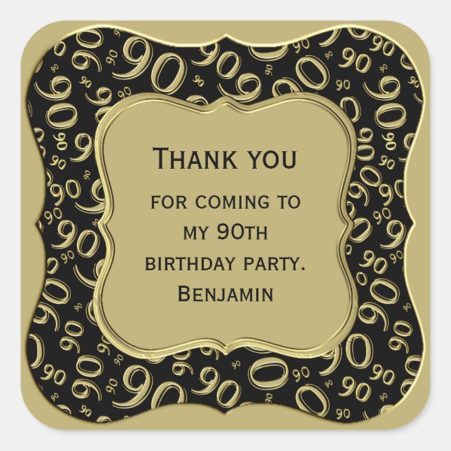 Thank you: 90th Number Pattern Gold/Black Bracket Square Sticker (Front)