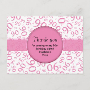 Thank You: 90th Pink/White Birthday Number Pattern Postcard