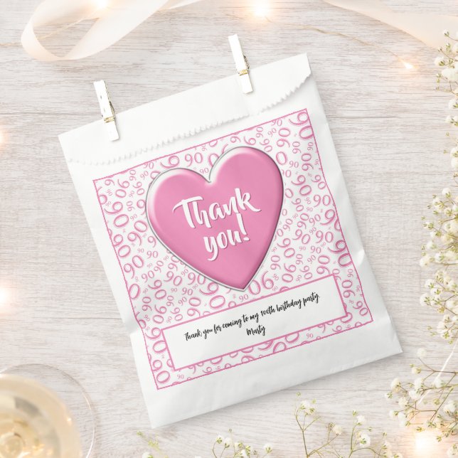 Thank You 90th Random Number Pattern Pink/White Favour Bag (Clipped)