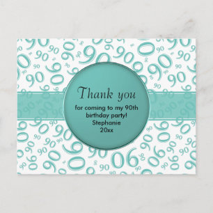 Thank You: 90th Teal/White Birthday Number Pattern Postcard