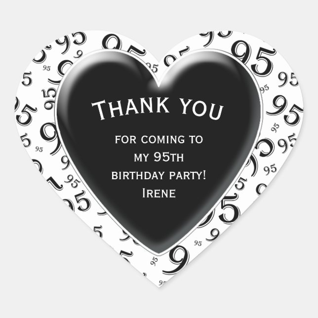 Thank You 95th Birthday Black/White Number Pattern Heart Sticker (Front)
