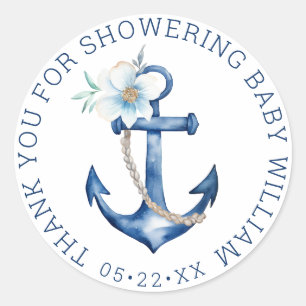 Thank You Anchor Nautical Blue Boy Baby Shower Classic Round Sticker