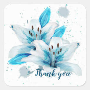 Thank you and blue watercolor flower square sticker