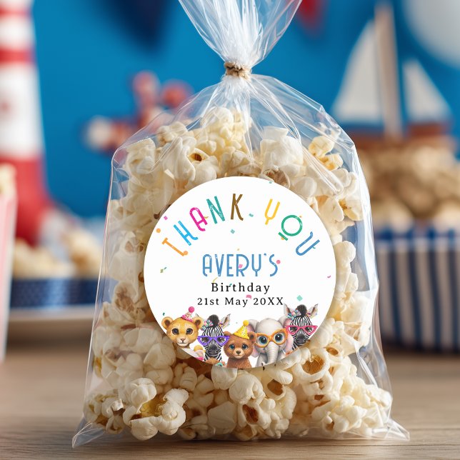 Thank you! Animals Kids Birthday Classic Round Sticker (Thank you! Animals Kids Birthday Classic Round Sticker with your Name and Date)