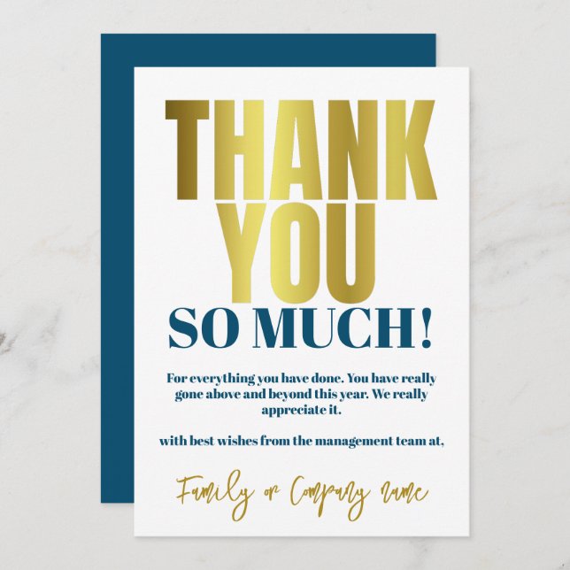 Thank You Appreciation Gold Blue Thanks (Front/Back)