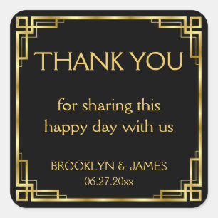 Thank You Art Deco Black Square Stickers
