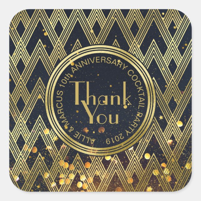 Thank You Art Deco Gatsby Gold Glitter Geometric Square Sticker (Front)