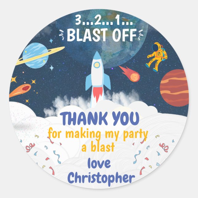 Thank you Astronaut Birthday party   Classic Round Sticker (Front)