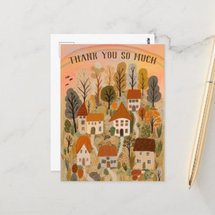 THANK YOU Autumn Cute Country Village Illustration Postcard