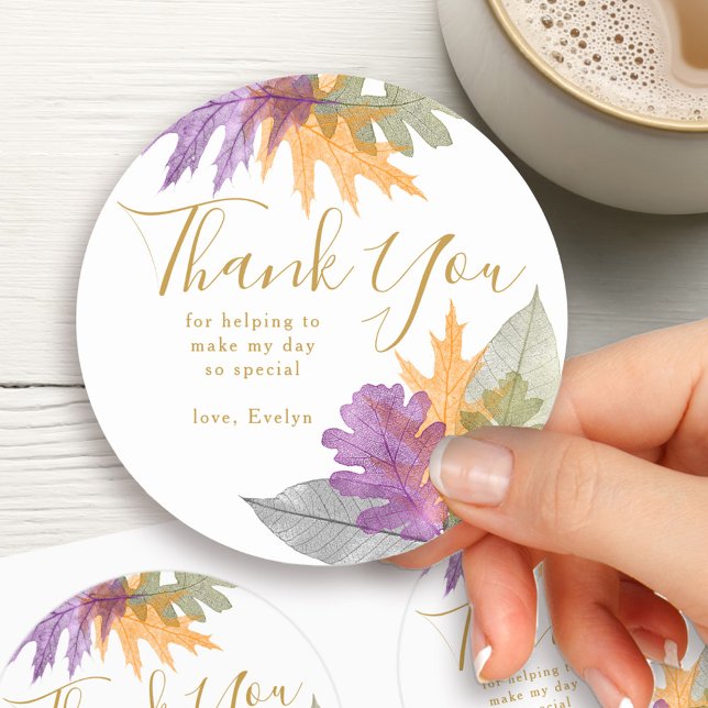 Thank You Autumn Leaves Elegant Gold Script Classic Round Sticker (October Leaves thank you sticker with fully editable gold text and autumn fall leaf design)
