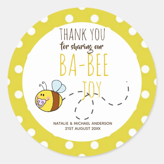 Thank You BA-BEE Baby Shower Yellow Polkadot Classic Round Sticker (Front)
