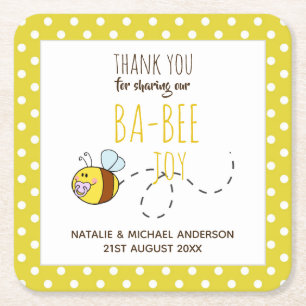 Thank You BA-BEE Baby Shower Yellow Polkadot Square Paper Coaster