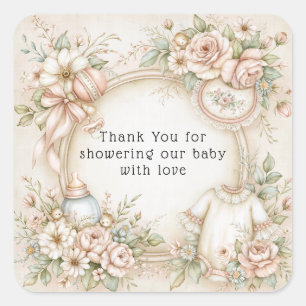 Thank You Baby Girl Pink Roses Bottle Bib Square Sticker