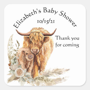Thank you Baby shower Baby Highland Cow Calf    Square Sticker