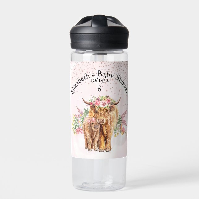 Thank you Baby shower Baby Highland Cow Calf   Water Bottle (Front)