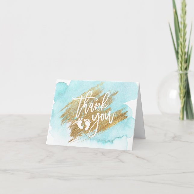 THANK YOU Baby Shower Blue Gold Watercolor Card (Front)
