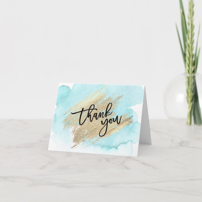 THANK YOU Baby Shower Blue Gold Watercolor Card (Front)