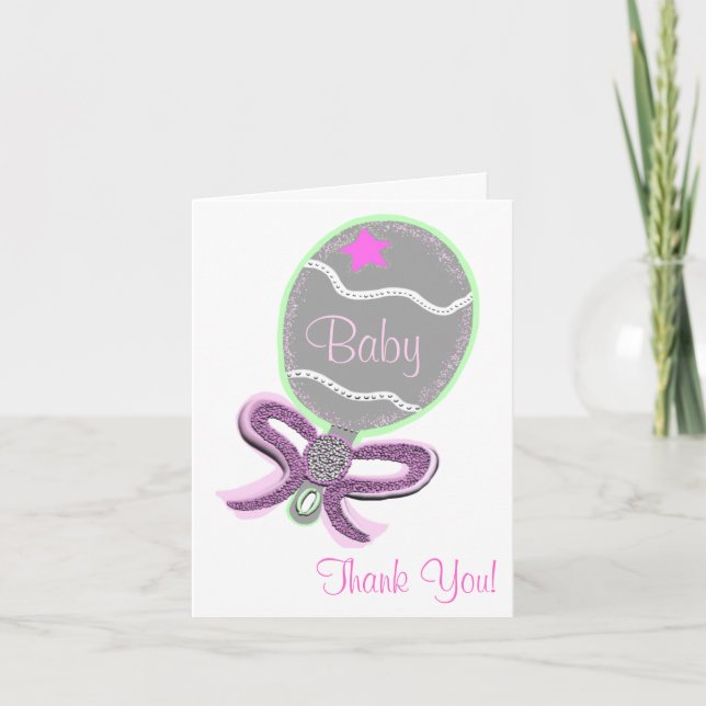 Thank You Baby Shower Elegant Pink Rattle Card (Front)