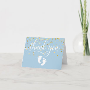 THANK YOU Baby Shower Feet Blue Gold BOY   BLANK Card