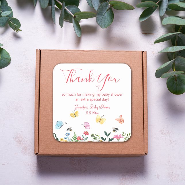 thank you baby shower flowers and butterflies pink square sticker (Creator Uploaded)