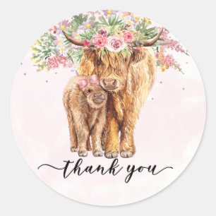 Thank you Baby Shower Highland Cow Pink  Classic Round Sticker
