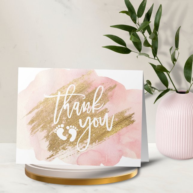 THANK YOU Baby Shower Pink Gold Watercolor Card (Creator Uploaded)