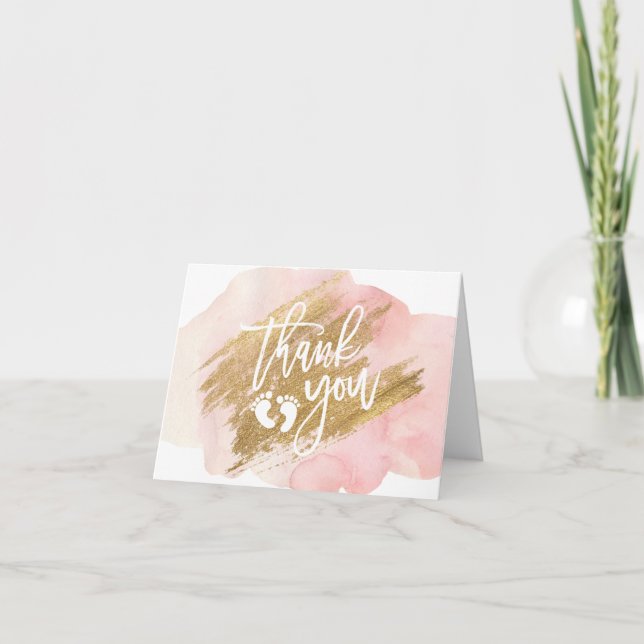 THANK YOU Baby Shower Pink Gold Watercolor Card (Front)