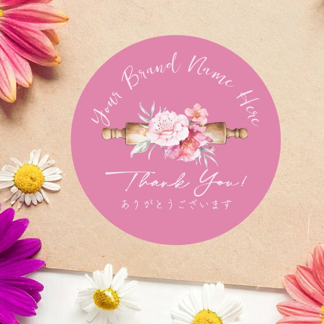 Thank You Bakery Rolling Pin Pink Floral Elegant Classic Round Sticker (Creator Uploaded)