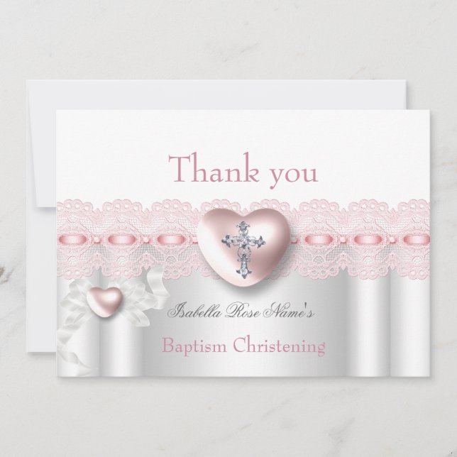 Thank you Baptism Pink Silver Photo Heart Cross Card (Front)