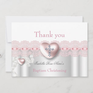 Thank you Baptism Pink Silver Photo Heart Cross Card