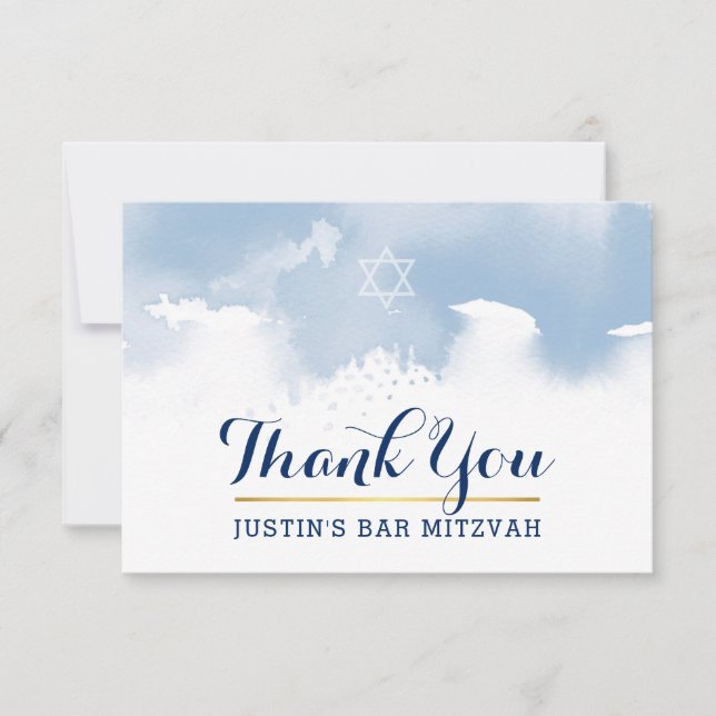THANK YOU BAR MITZVAH modern star blue watercolor (Front)