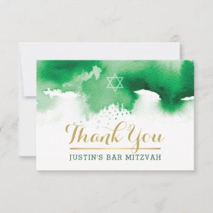 THANK YOU BAR MITZVAH modern star green watercolor Card