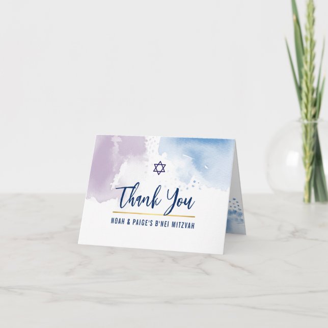 THANK YOU BAR MITZVAH star blue purple watercolor (Front)