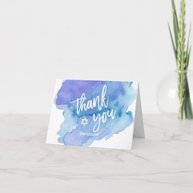 Thank you Bar Mitzvah Watercolor Blue Boy Card (Front)