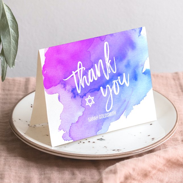 Thank you Bat Bar Mitzvah Watercolor Blue Purple Card (Creator Uploaded)