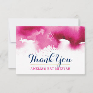 THANK YOU BAT MITZVAH stylish star pink watercolor Card