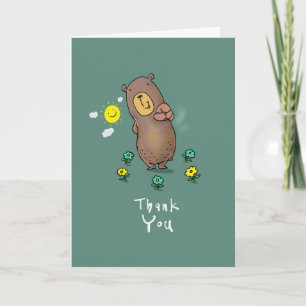 Thank you bear pointing at card holder.