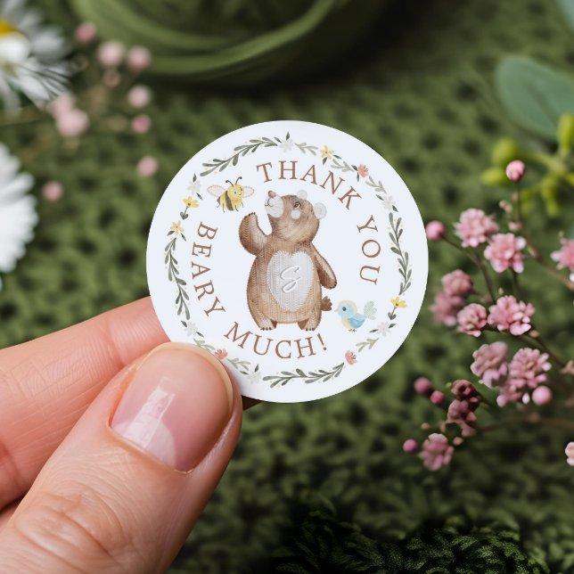 Thank You Beary Much Knitted Woodland Bear Floral Classic Round Sticker (Thank You Beary Much Knitted Woodland Bear Floral Classic Round Sticker)