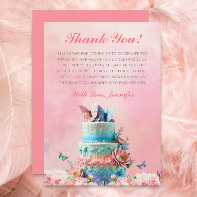 Thank You Beautiful Butterflies Twins Baby Cake Invitation (Sweet twins, butterfly-themed, invite joy, a fluttering delight. Thank you for coming note cards.)