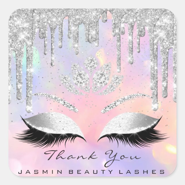 Thank You Beauty Lashes Bridal Holographic Glitter Square Sticker (Front)