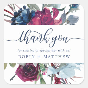 Thank You Berry Blue Burgundy Floral Wedding Favou Square Sticker