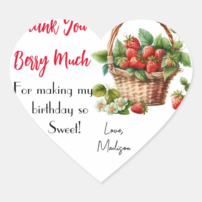 Thank You Berry Much Strawberries Floral Birthday  Heart Sticker (Front)