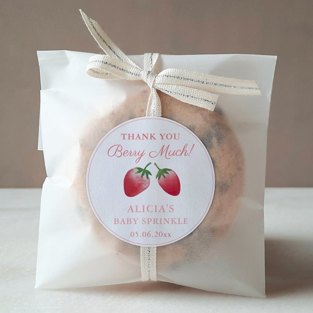 Thank You Berry Much Strawberries Red Pink Favour Classic Round Sticker (Thank You Berry Much Watercolor Strawberries Baby or Bridal Shower or Birthday Favor Stickers)