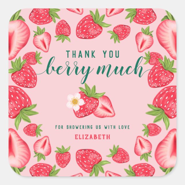 Thank You Berry Much Strawberry Baby Shower Custom Square Sticker (Front)