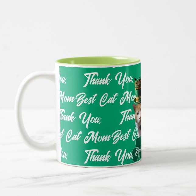 Thank You Best Cat Mum Cute Cat Leprechaun Hat, Two-Tone Coffee Mug (Left)