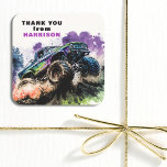 Thank You Birthday Monster Truck Smash Crash Boy Square Sticker<br><div class="desc">Thank You Birthday Monster Truck Smash Crash Boy Kids Stickers Labels features a watercolor monster truck driving through the dirt with the text "Thank You From (Name)" in modern typography script. Perfect for children's birthday party celebrations. Designed by Evco Studio. For coordinating items view www.zazzle.com/store/evcostudio</div>