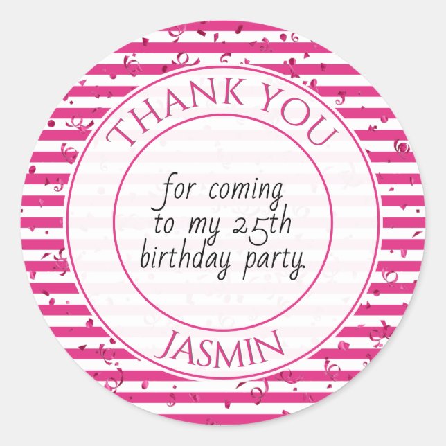 Thank You Birthday Party Fuchsia/White Stripe Classic Round Sticker (Front)
