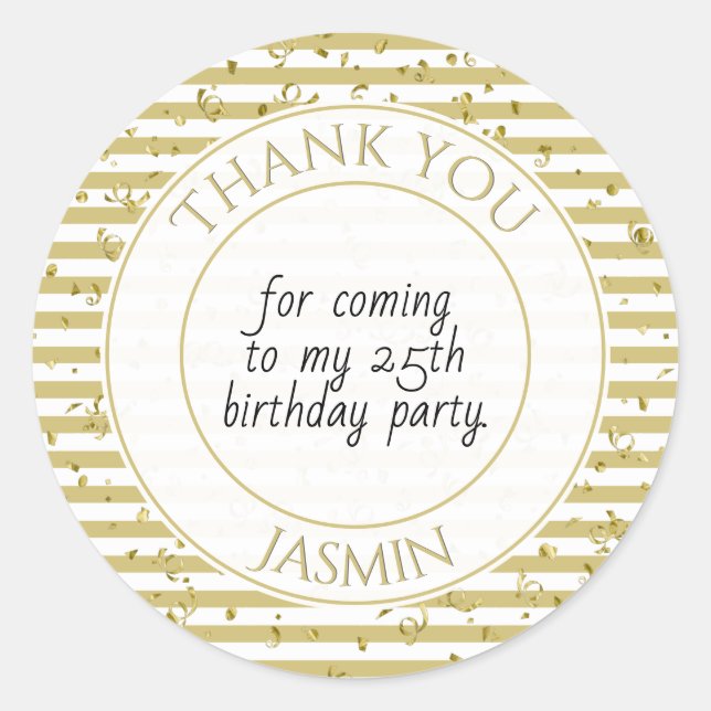 Thank You Birthday Party Gold/White Stripe Classic Round Sticker (Front)